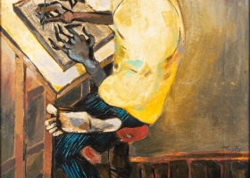 Krzysztof Bucki, Grafik, 1965, olej, płótno, 147 x 104 cm 