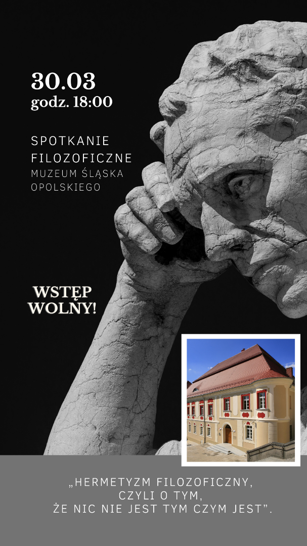 Plakat informacyjny na zdjeciu rzeźba filozofa i tytuł spotkania
