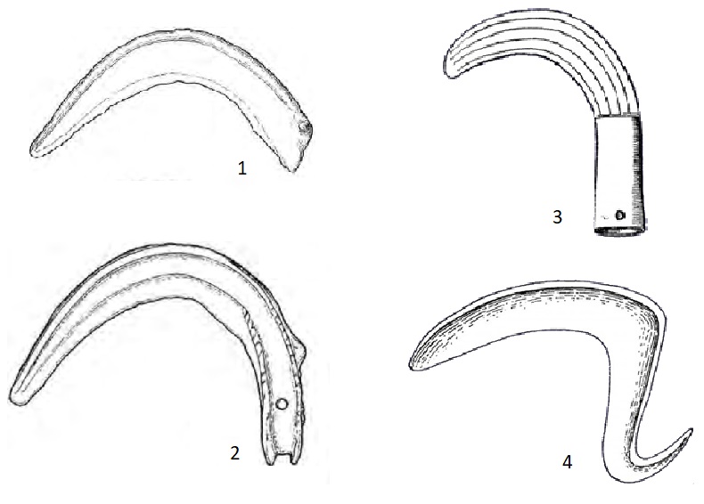Podstawowe formy sierpów: 1) z guzkiem, 2) ze sztabą do rękojeści, 3) z tulejką, 4) z hakowatym zakończeniem