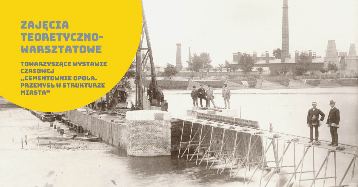 Grafika, tytyuł oferty edukacyjnej, zdjęcie archiwalne, rzeka Odra w tle kominy przemysłowe